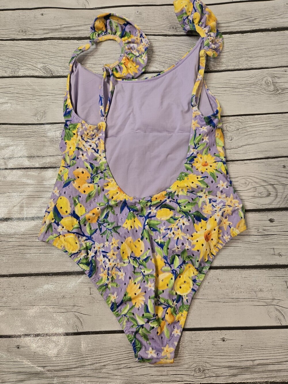 Farm Rio Praia One Piece Swimsuit US M Lavender Floral Lemon Ruffle Straps - Picture 11 of 11